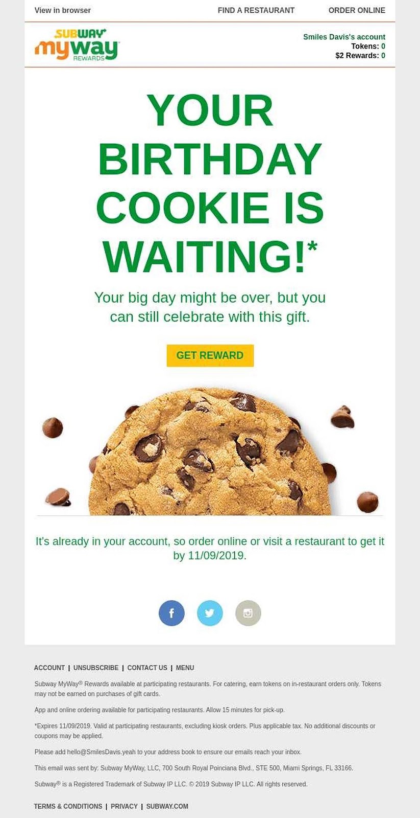 Subway birthday email example