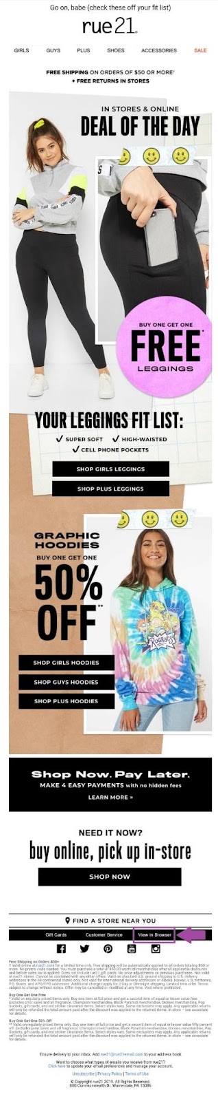 Rue21 includes their “view in” link in the body of their email and label it as “view in browser.”
