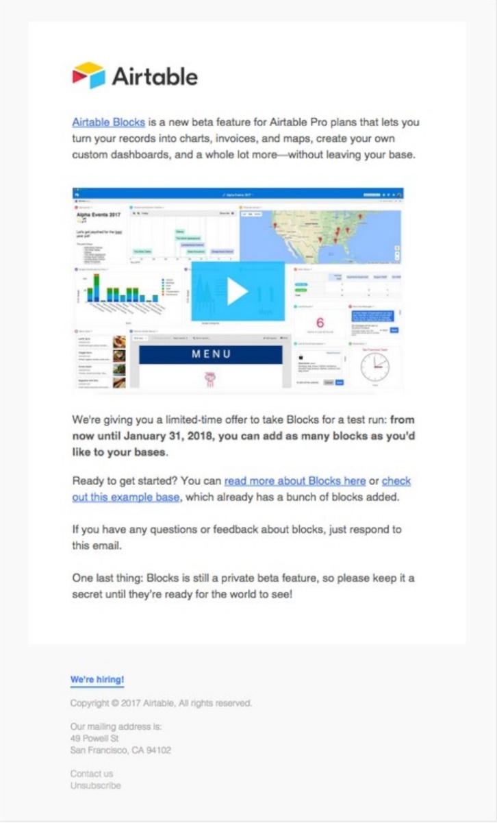 Airtable email highlighting newest feature