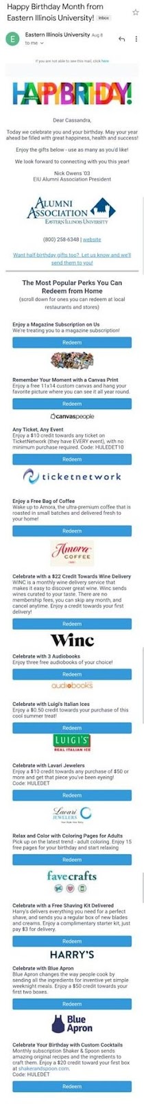 Birthday email campaign Sent by Eastern Illinois University
