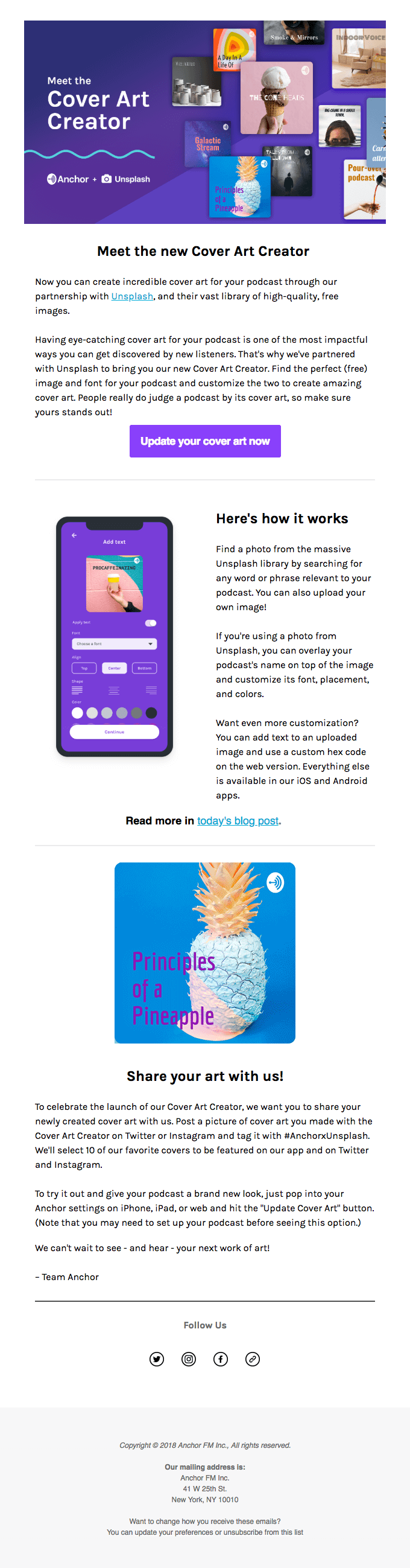 This email from Anchor gets to the point right away and bluntly explains what’s new by treating the subscriber like a peer.