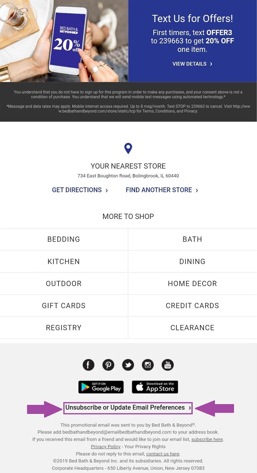 Bed Bath & Beyond's email design provides an email preference center that's easily identified for readers