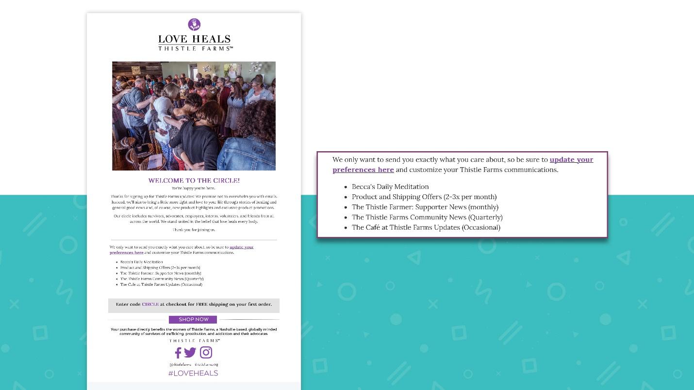 Thistle Farms welcome email example