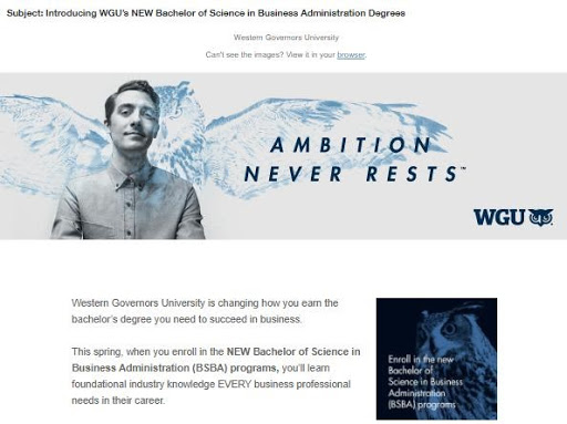 WGU introduces their new degree program using email automation by personalizing the subject line.