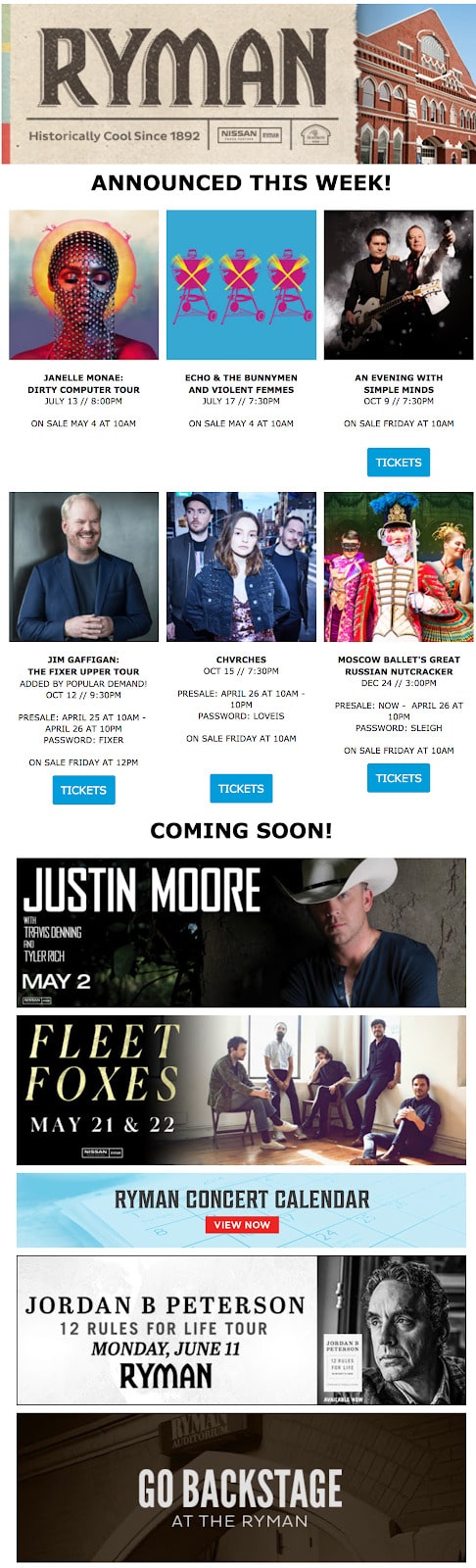 See how the Ryman makes their subscribers feel special by keeping them in the loop of recently announced shows: