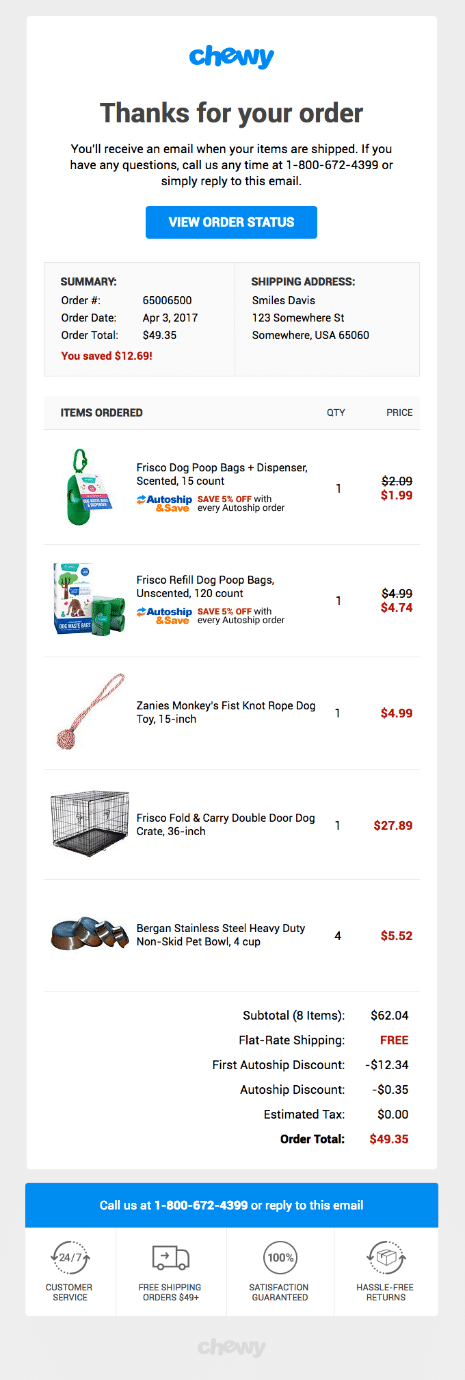Chewy order confirmation email example