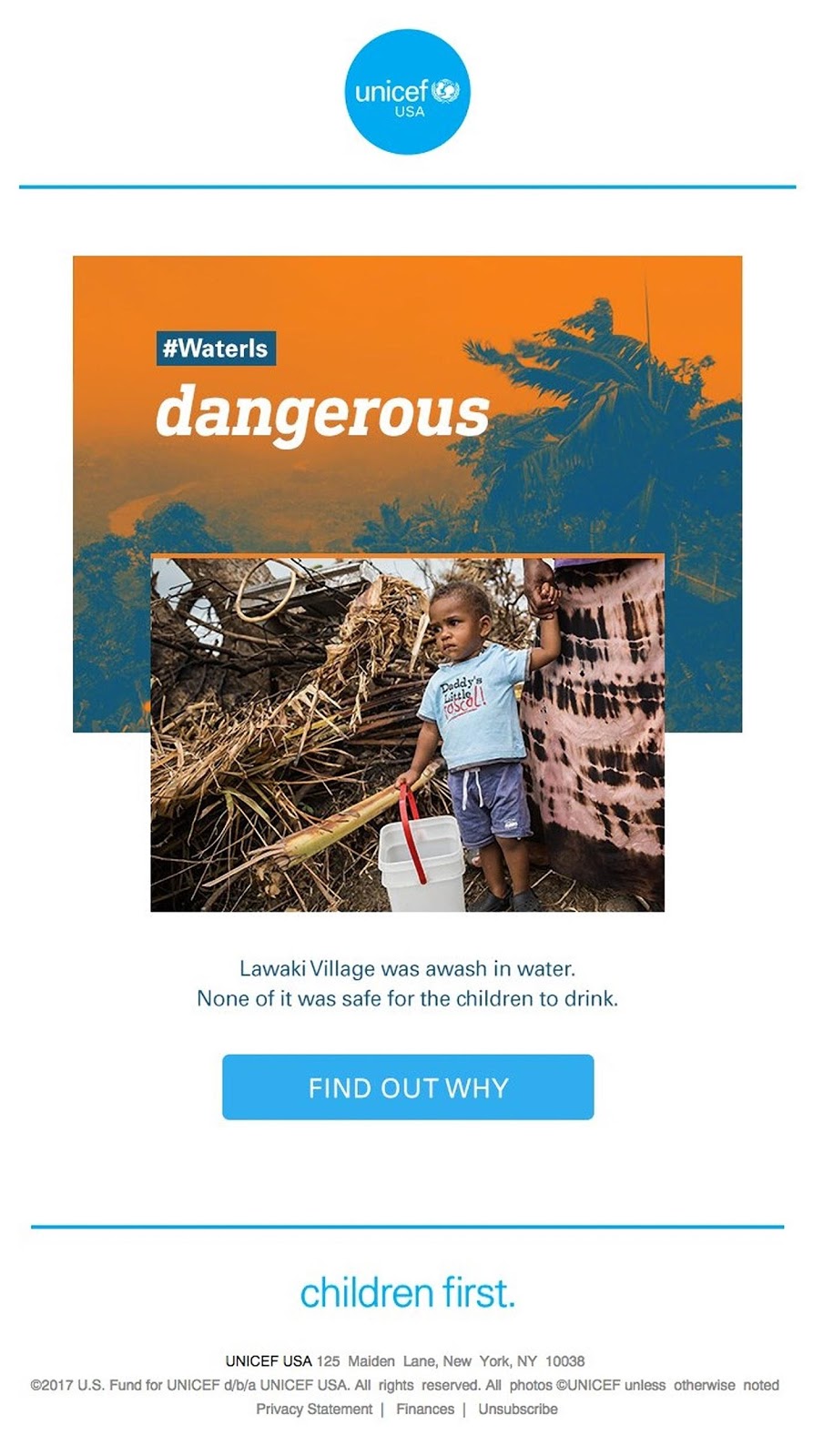 UNICEF’s on-point brand consistency email features a minimalist template and blue/orange brand colors.