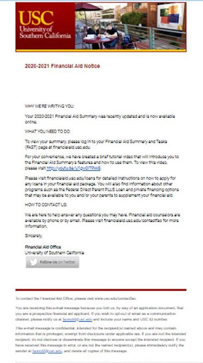 Create easy-to-read concise email content to drive action like this University of Southern California financial aid email.