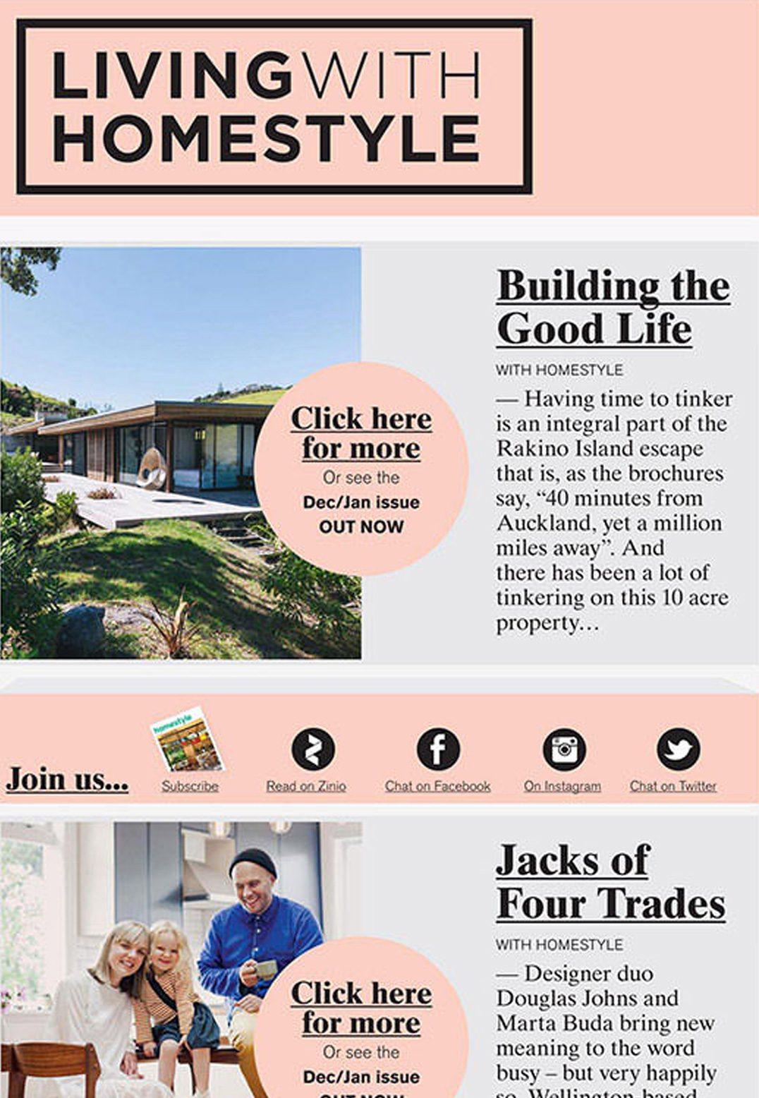 Email Newsletter example that features a simple design that is broken up by color choices that identify the brand.