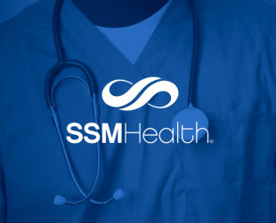 White SSM Health logo on blue background of healthcare professional wearing a stethoscope